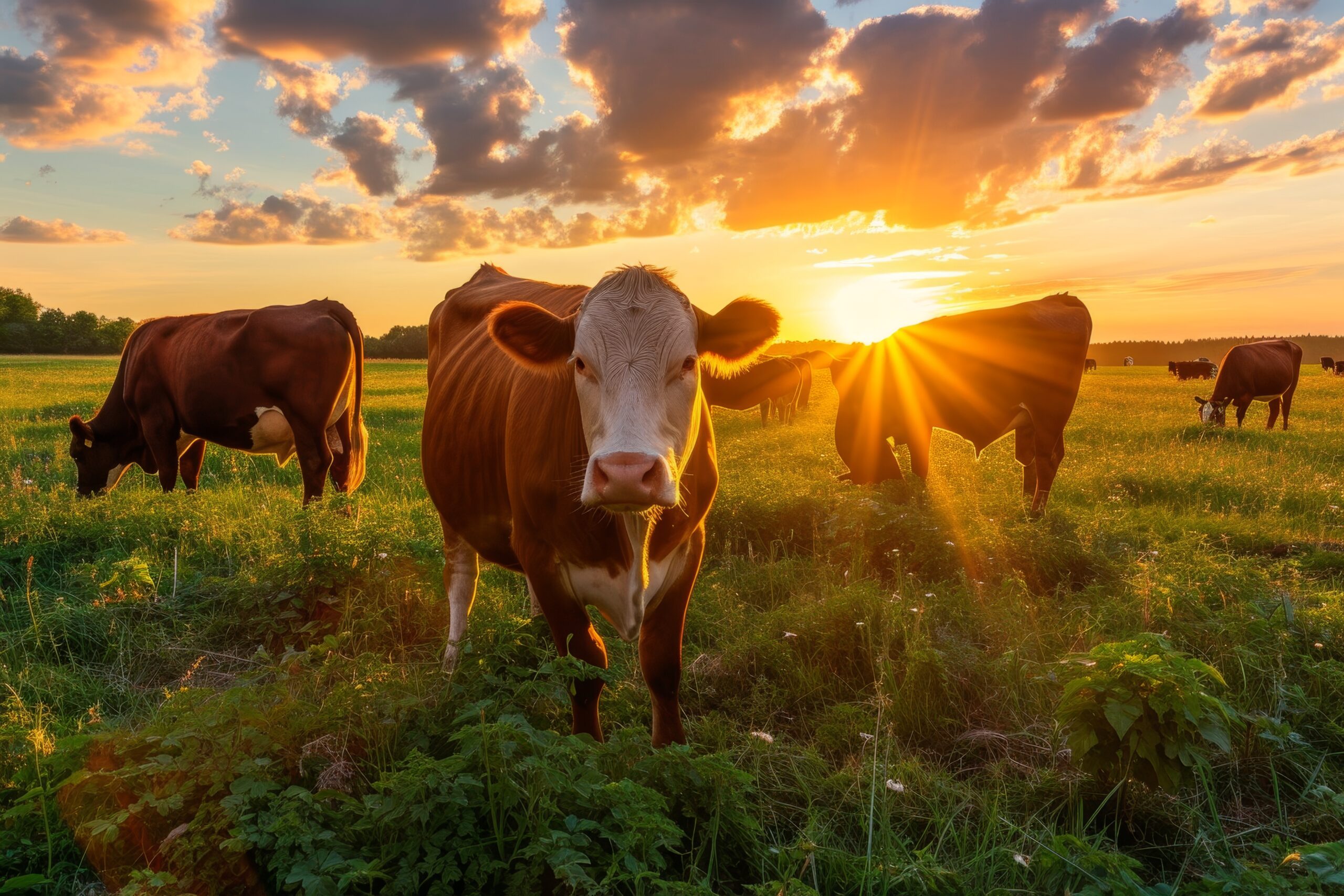 Cows grazing at sunset on a farm.