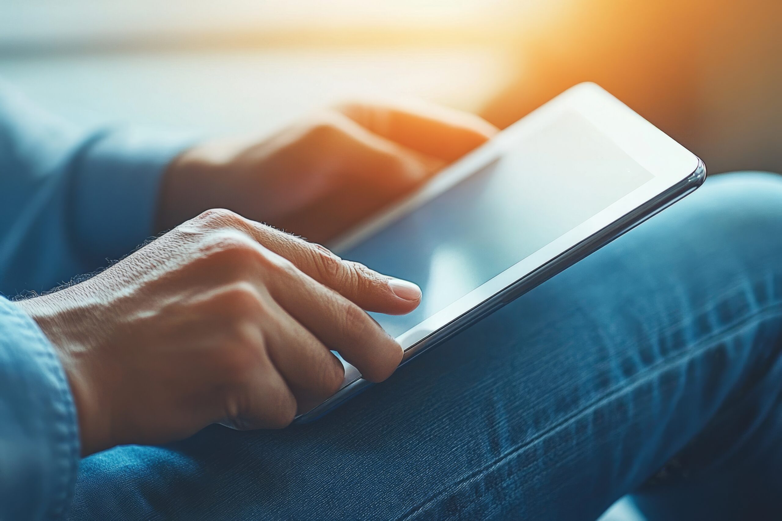 Person using a tablet device. Digital interactions and activities. Man holding a pad. Remote learning, social distance working, ordering buying online, reading e book. Close-Up view, Modern Technology