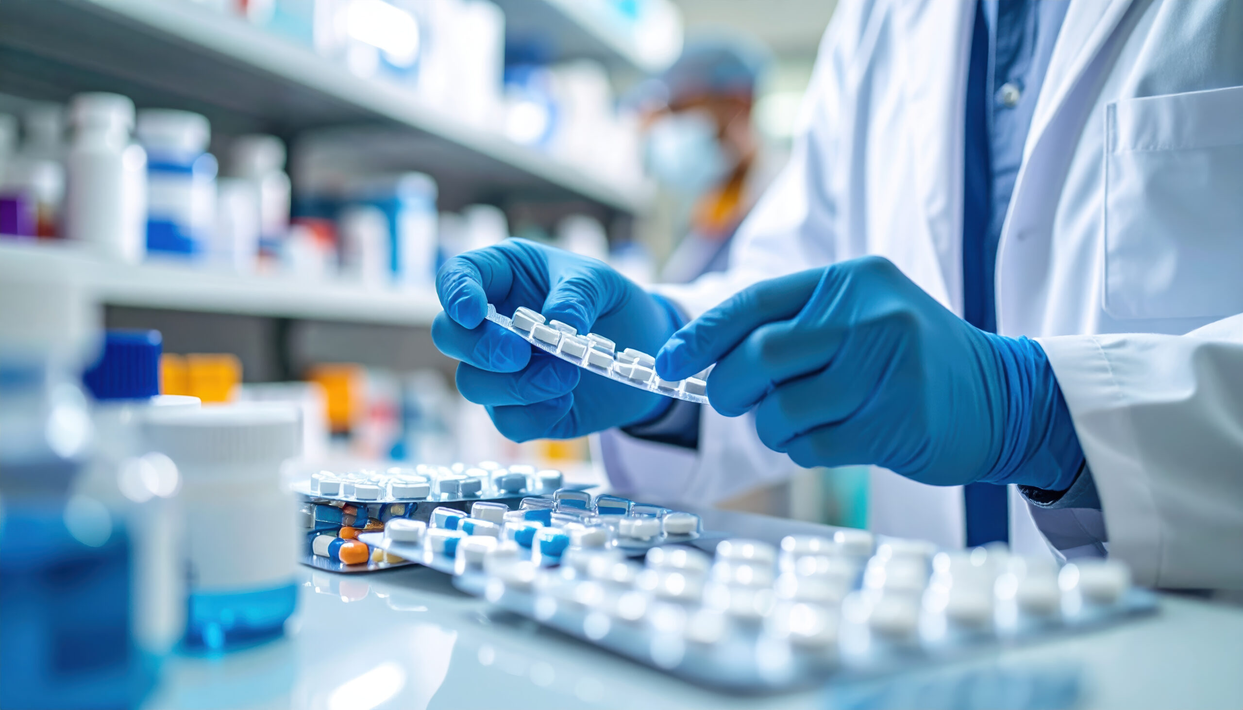 Pharmacist pharmacy medication healthcare laboratory prescription drug research scientist blue gloves working in modern pharmacy handling medication with focus and precision