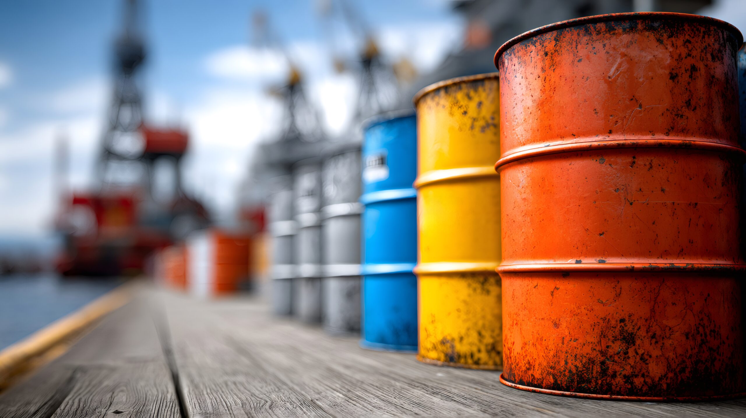 Colorful rusty oil barrels standing on a wooden dock with industrial equipment in the background