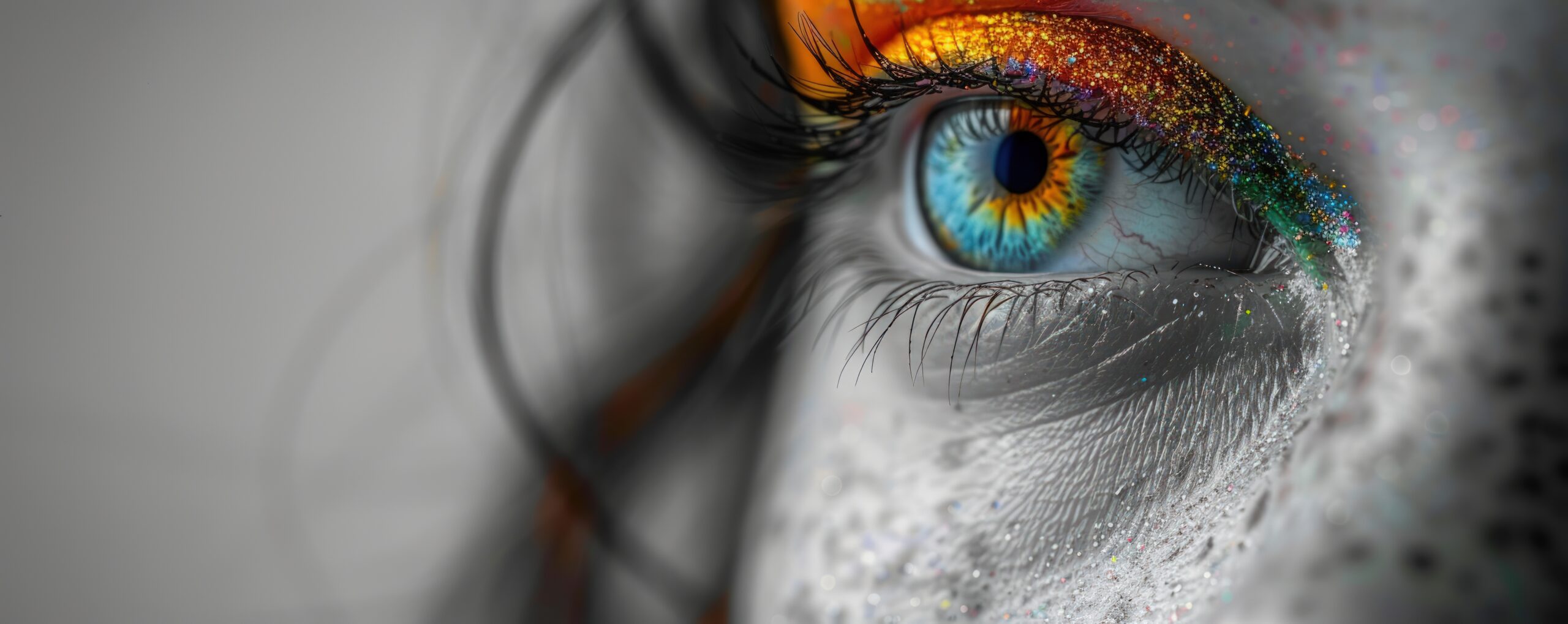 A close-up image showcases a human eye with striking multicolored makeup. The eye itself features a gradient of blues and yellows. Colorful glitter adorns the eyelid and brow, creating a rainbow effect. The surrounding skin is rendered in grayscale, contrasting the vibrant colors of the eye. The composition focuses on the eye's details, emphasizing its texture and color variations. The background is soft and blurred. This image is suitable for beauty, fashion, or cosmetic-related content, emphasizing makeup artistry and creative expression.